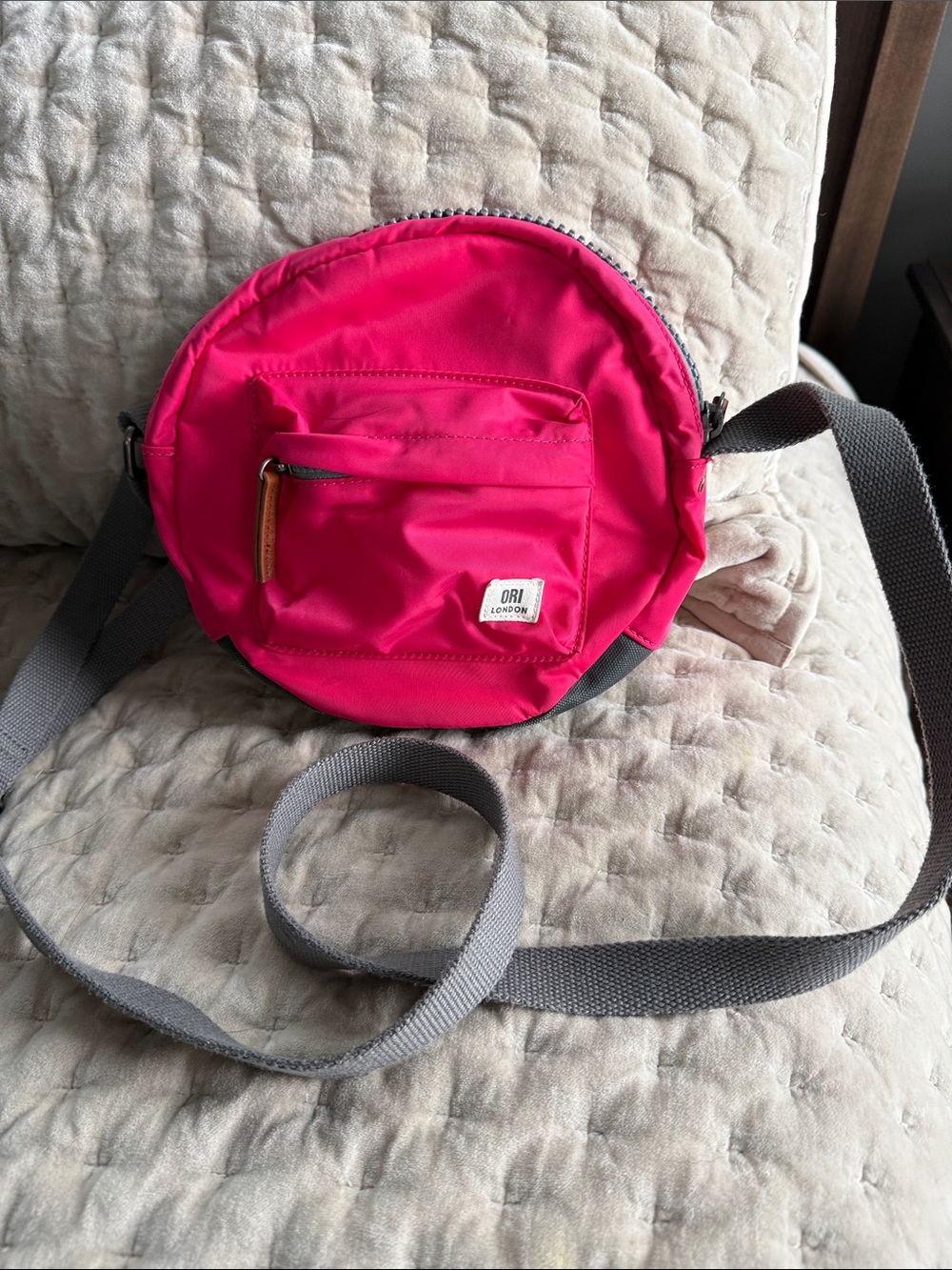 Orion London Bright Pink Round Crossbody with Gray Strap